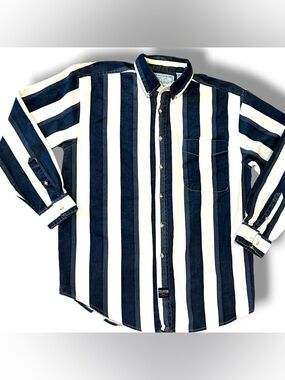 VTG 90s Coliseum Mens M Denim Vertical Blue White Stripe Button Down Shirt C-5